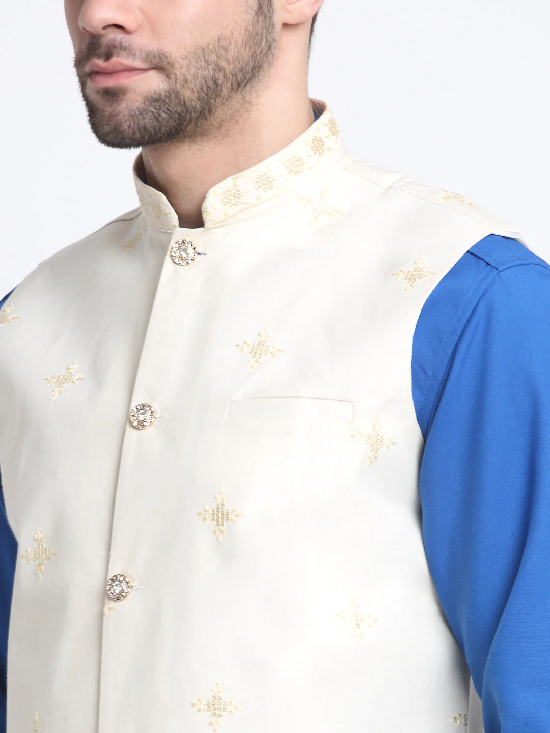KRAFT INDIA Men Cotton Royal Blue Pathani Kurta & Salwar With Embroided Sequenced Nehru Jacket - Image 31
