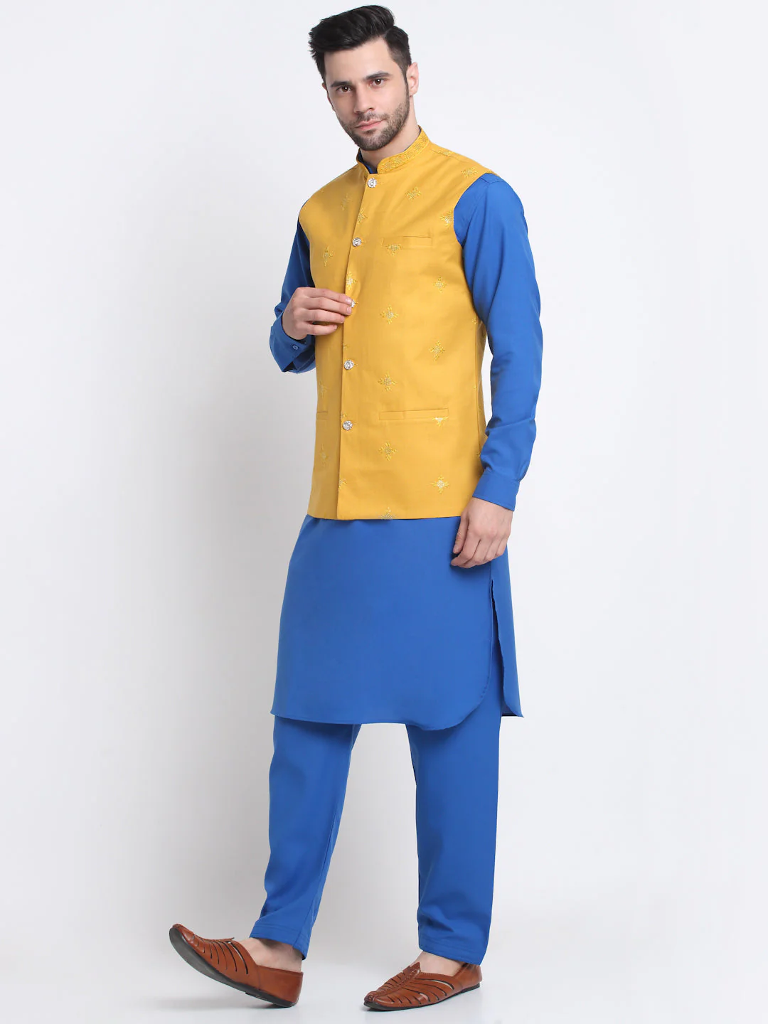 KRAFT INDIA Men Cotton Royal Blue Pathani Kurta & Salwar With Embroided Sequenced Nehru Jacket - Image 39