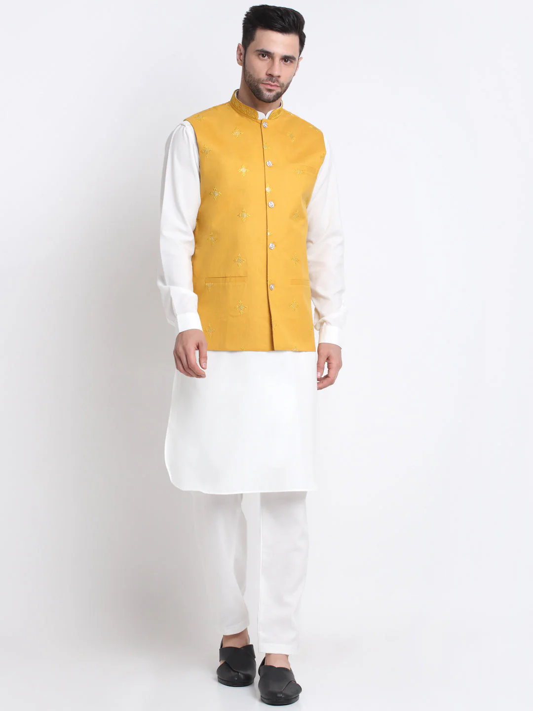 KRAFT INDIA Men Cotton White Pathani Kurta & Salwar With Embroided Sequenced Nehru Jacket - Image 132