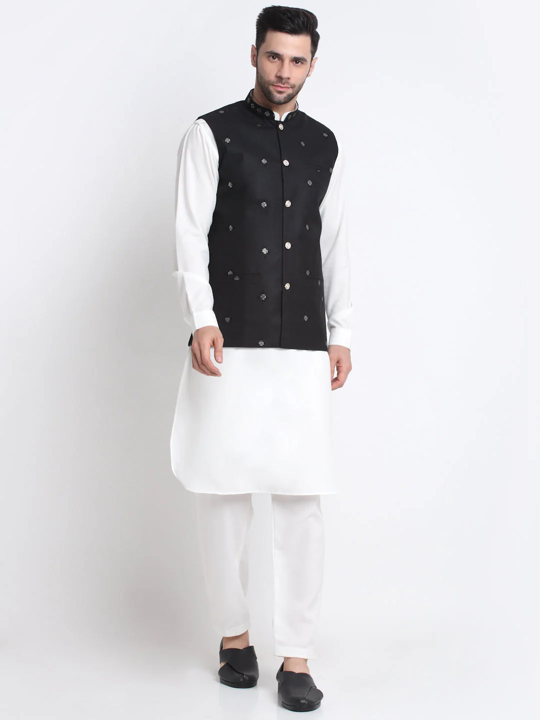 KRAFT INDIA Men Cotton White Pathani Kurta & Salwar With Embroided Sequenced Nehru Jacket - Image 182
