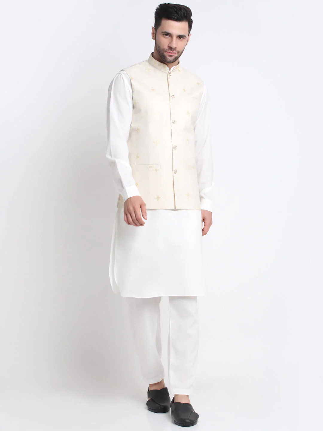 KRAFT INDIA Men Cotton White Pathani Kurta & Salwar With Embroided Sequenced Nehru Jacket - Image 197