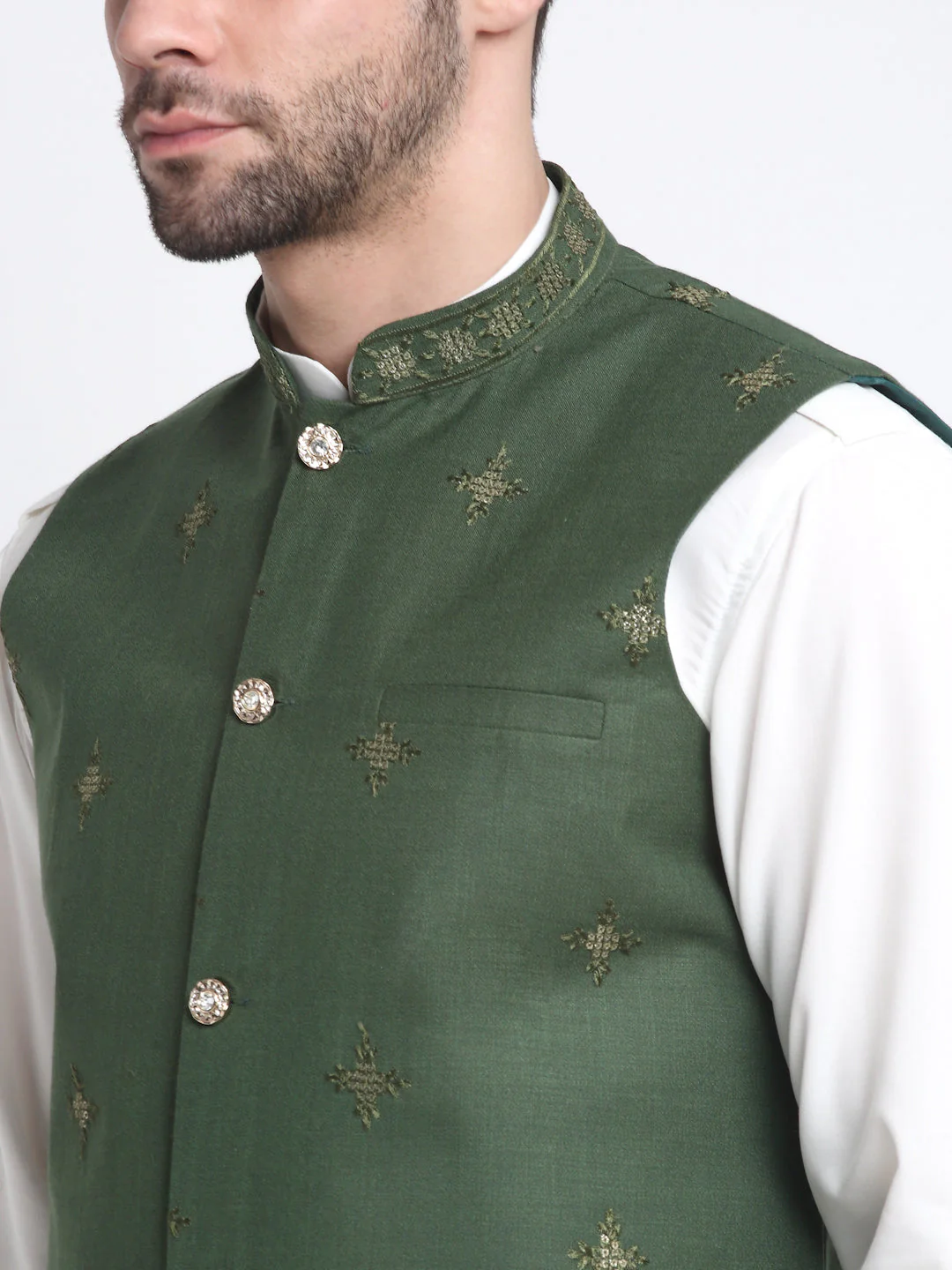 KRAFT INDIA Men Cotton White Pathani Kurta & Salwar With Embroided Sequenced Nehru Jacket - Image 31