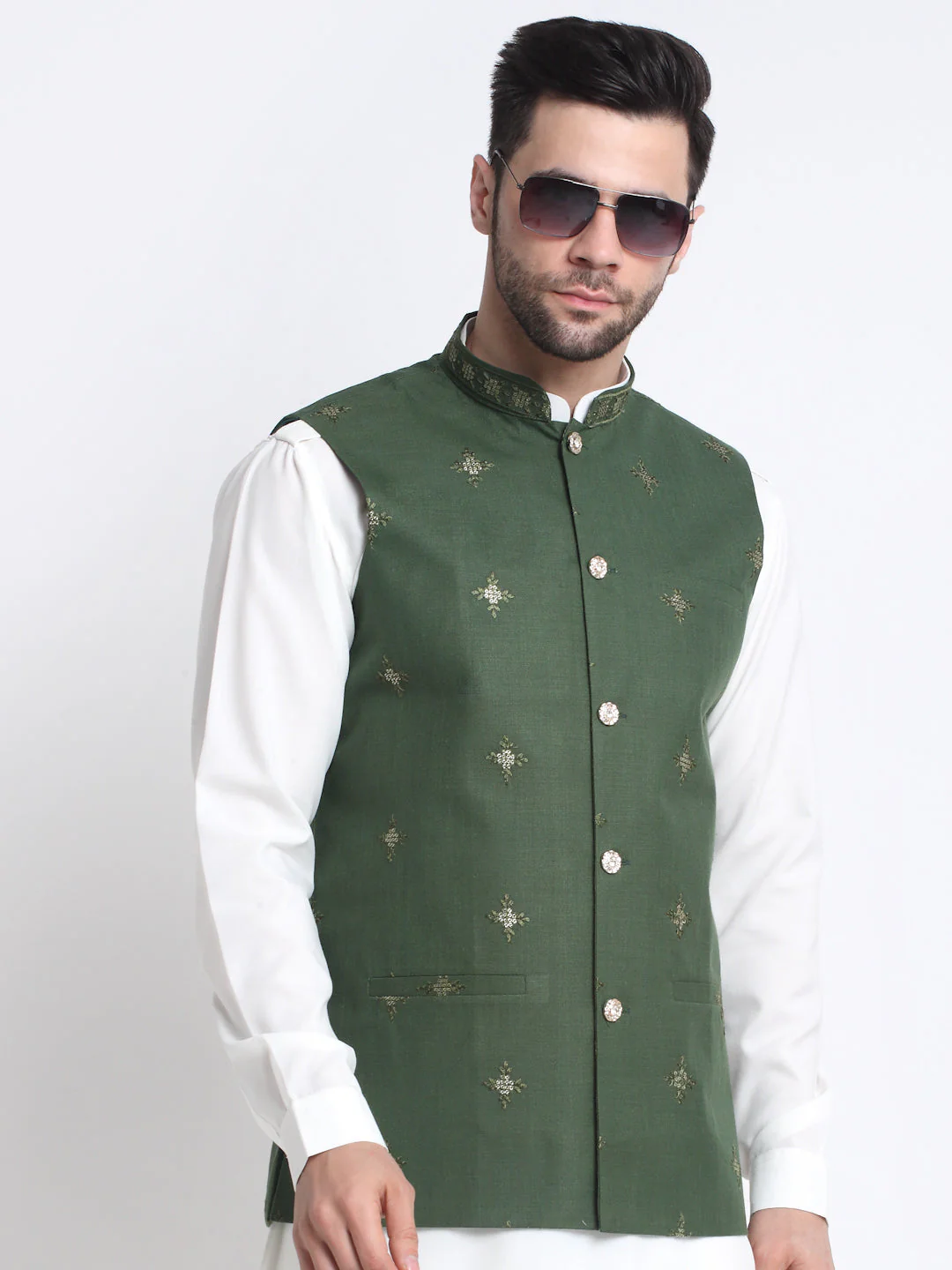 KRAFT INDIA Men Cotton White Pathani Kurta & Salwar With Embroided Sequenced Nehru Jacket - Image 33