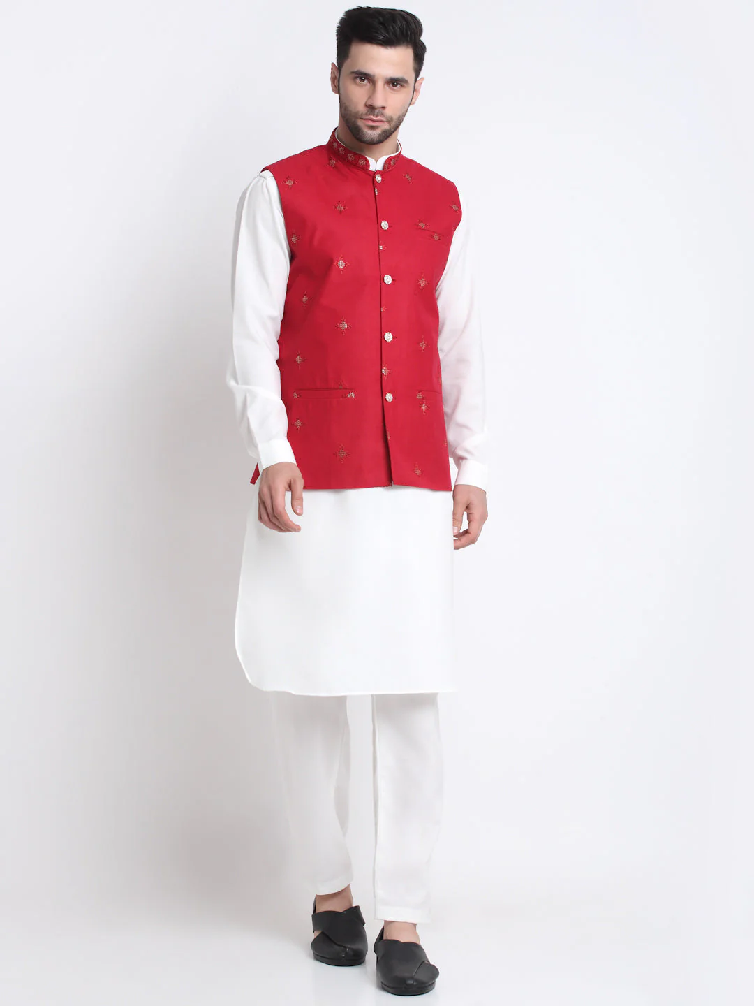 KRAFT INDIA Men Cotton White Pathani Kurta & Salwar With Embroided Sequenced Nehru Jacket - Image 62