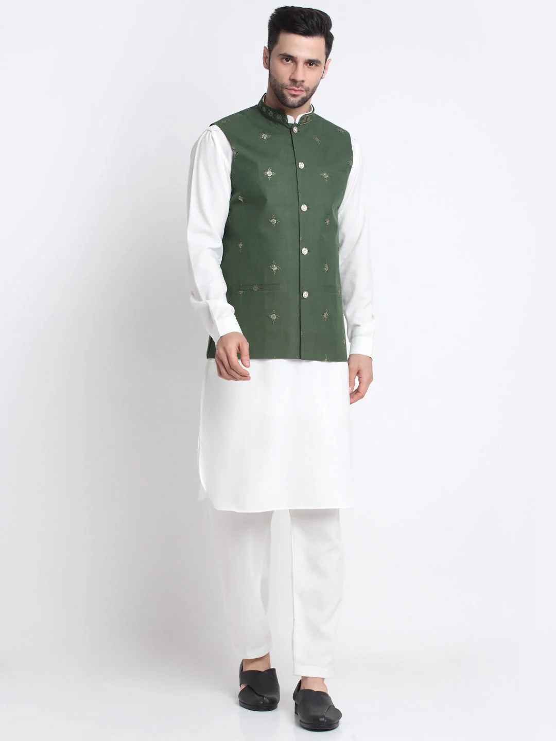 KRAFT INDIA Men Cotton White Pathani Kurta & Salwar With Embroided Sequenced Nehru Jacket - Image 72