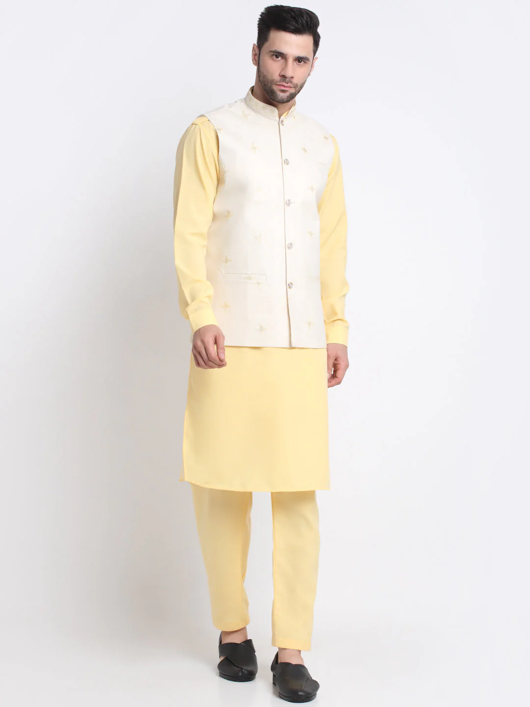 KRAFT INDIA Men Cotton Yellow Pathani Kurta & Salwar With Embroided Sequenced Nehru Jacket - Image 120