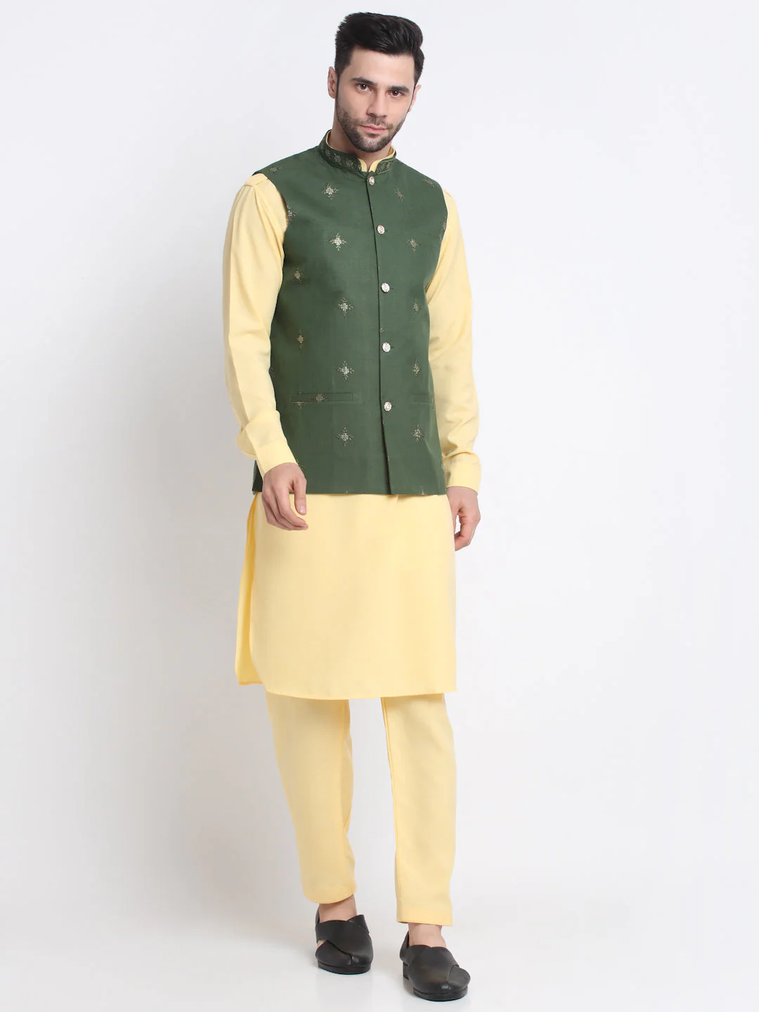 KRAFT INDIA Men Cotton Yellow Pathani Kurta & Salwar With Embroided Sequenced Nehru Jacket - Image 187