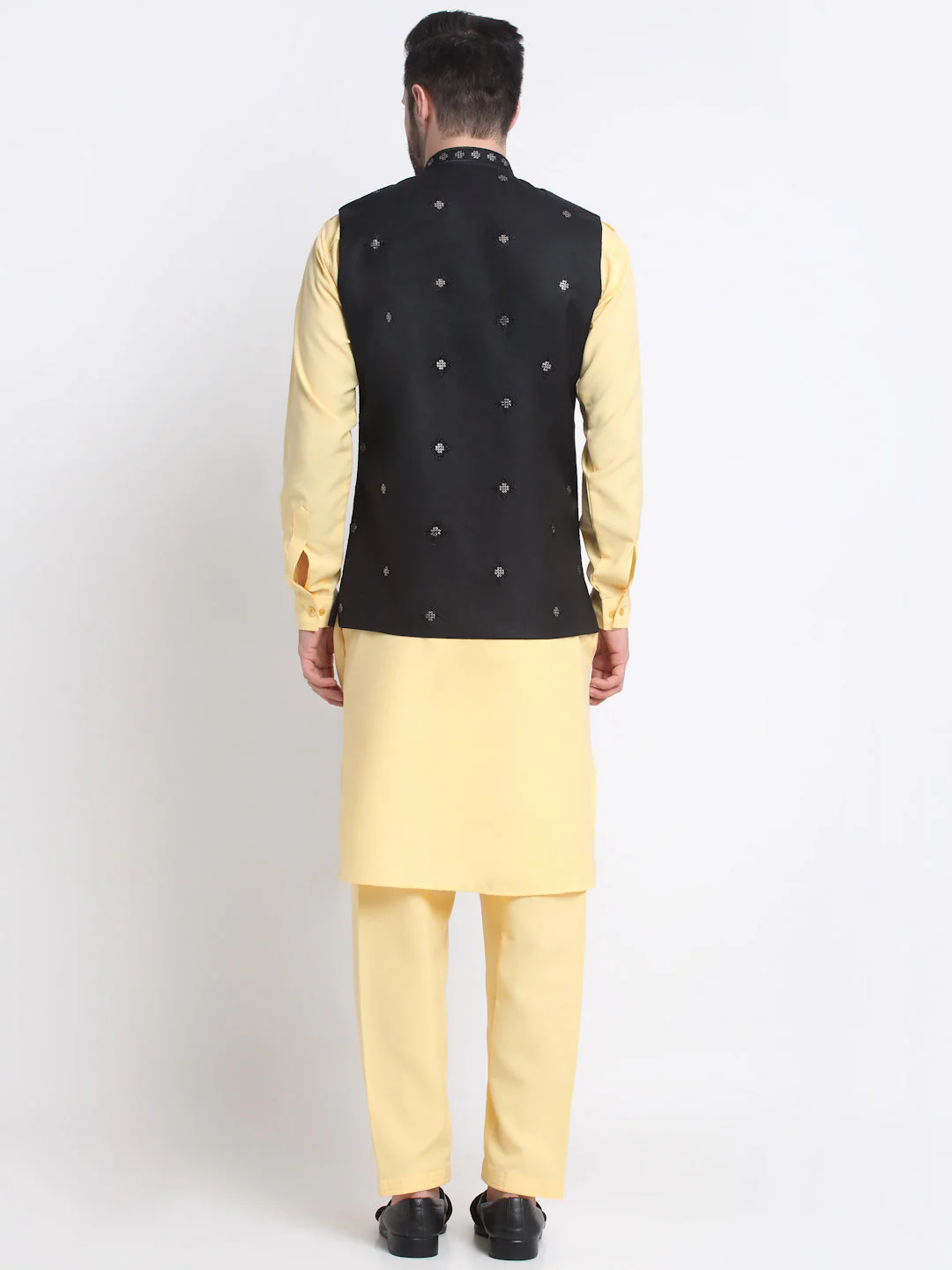 KRAFT INDIA Men Cotton Yellow Pathani Kurta & Salwar With Embroided Sequenced Nehru Jacket - Image 20