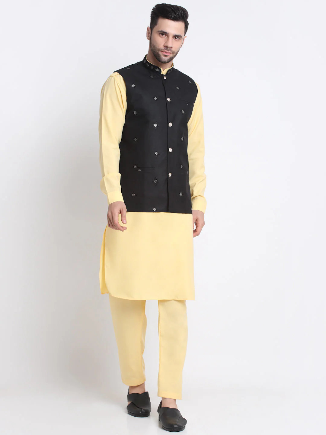 KRAFT INDIA Men Cotton Yellow Pathani Kurta & Salwar With Embroided Sequenced Nehru Jacket - Image 21