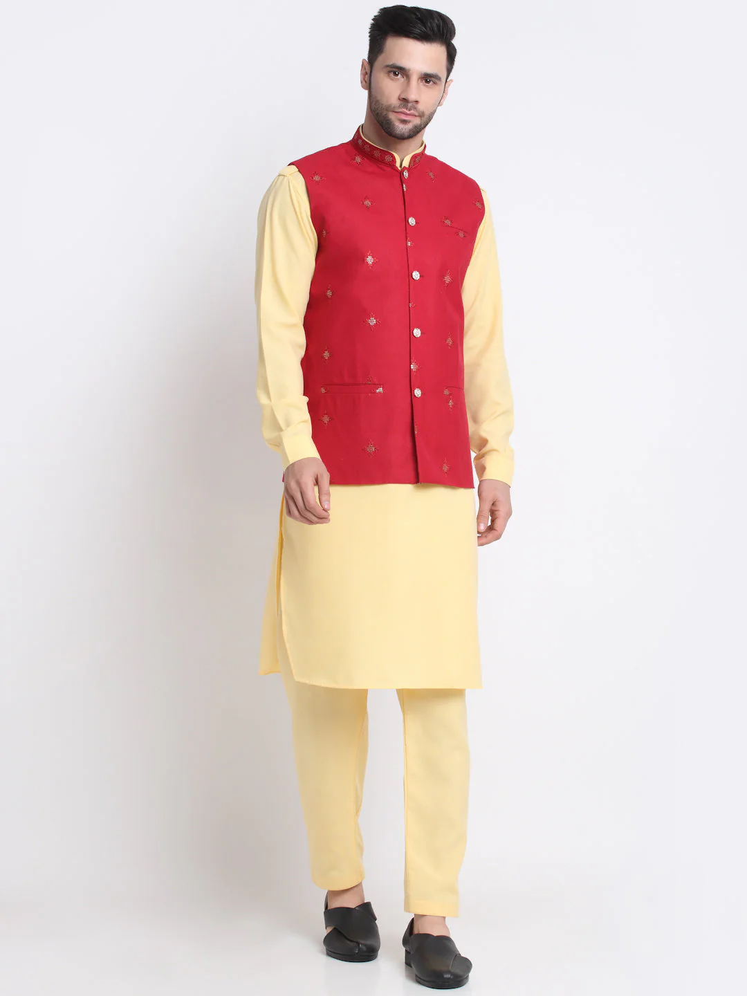 KRAFT INDIA Men Cotton Yellow Pathani Kurta & Salwar With Embroided Sequenced Nehru Jacket - Image 245