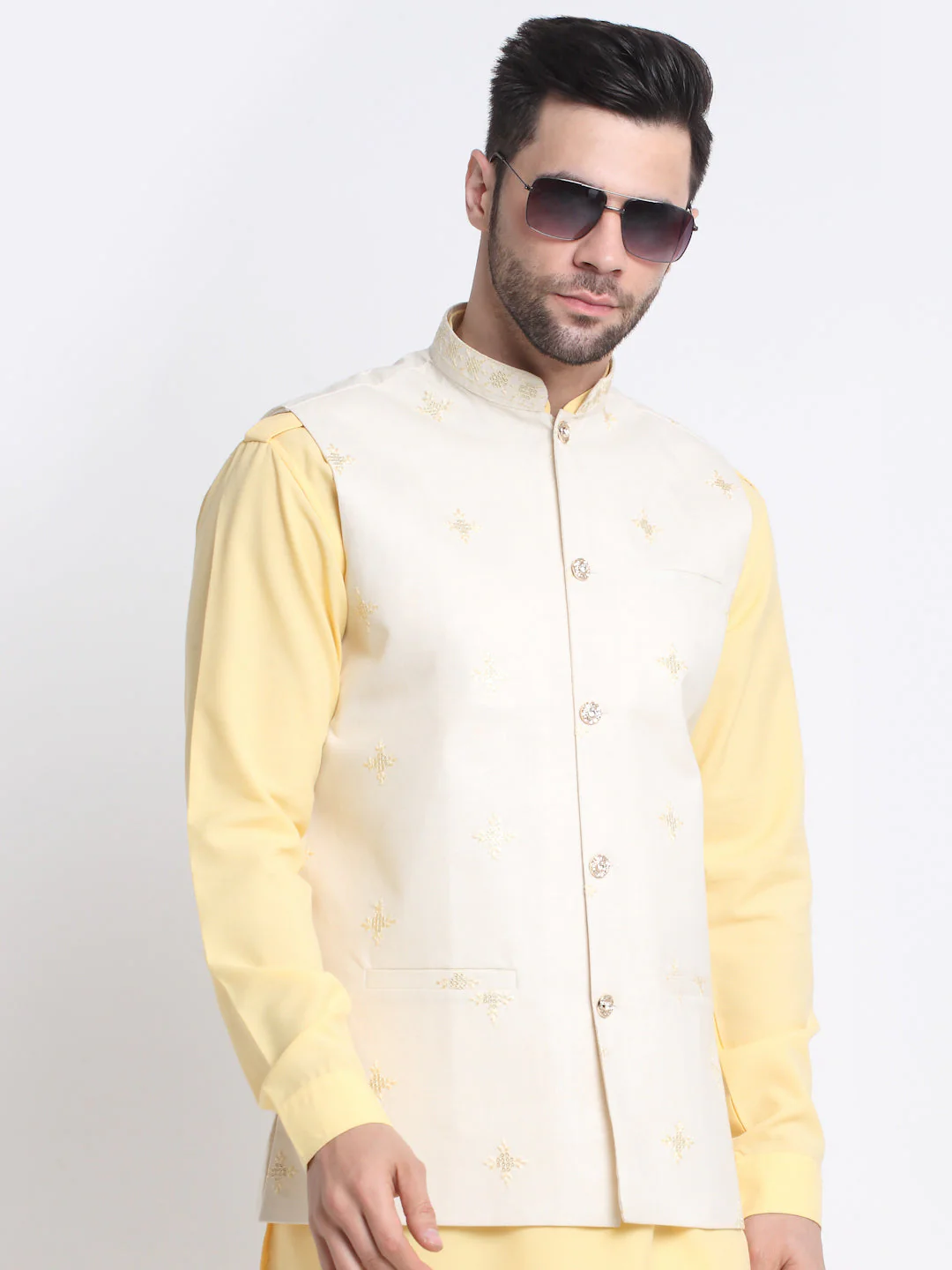 KRAFT INDIA Men Cotton Yellow Pathani Kurta & Salwar With Embroided Sequenced Nehru Jacket - Image 32