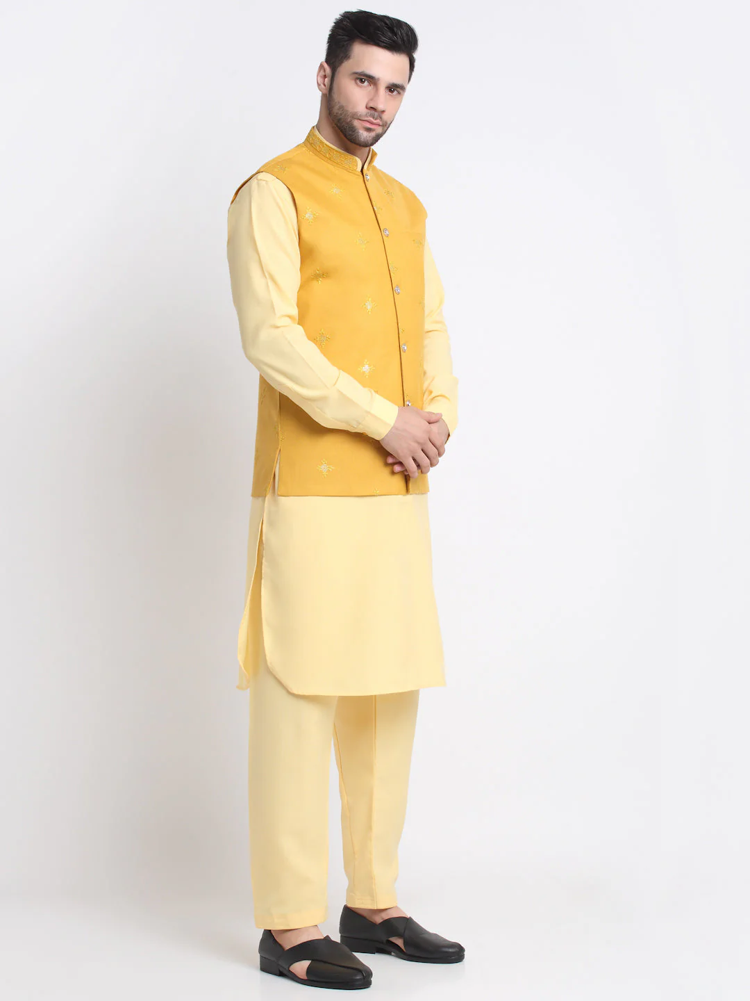 KRAFT INDIA Men Cotton Yellow Pathani Kurta & Salwar With Embroided Sequenced Nehru Jacket - Image 38