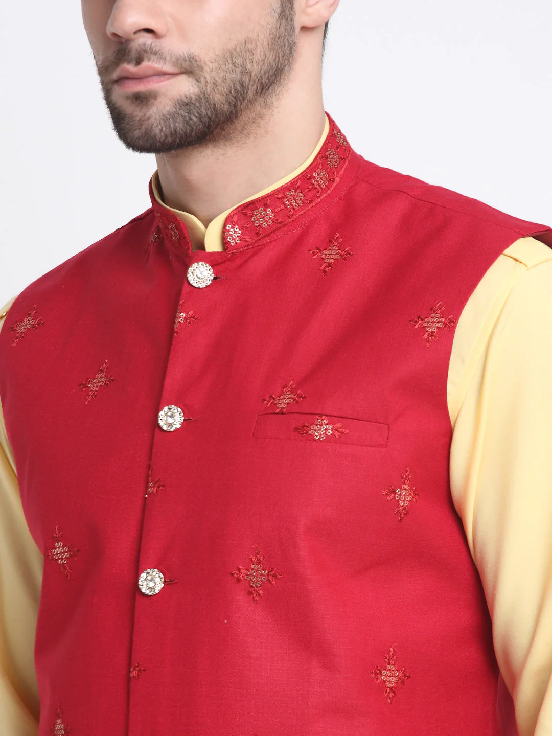 KRAFT INDIA Men Cotton Yellow Pathani Kurta & Salwar With Embroided Sequenced Nehru Jacket - Image 4