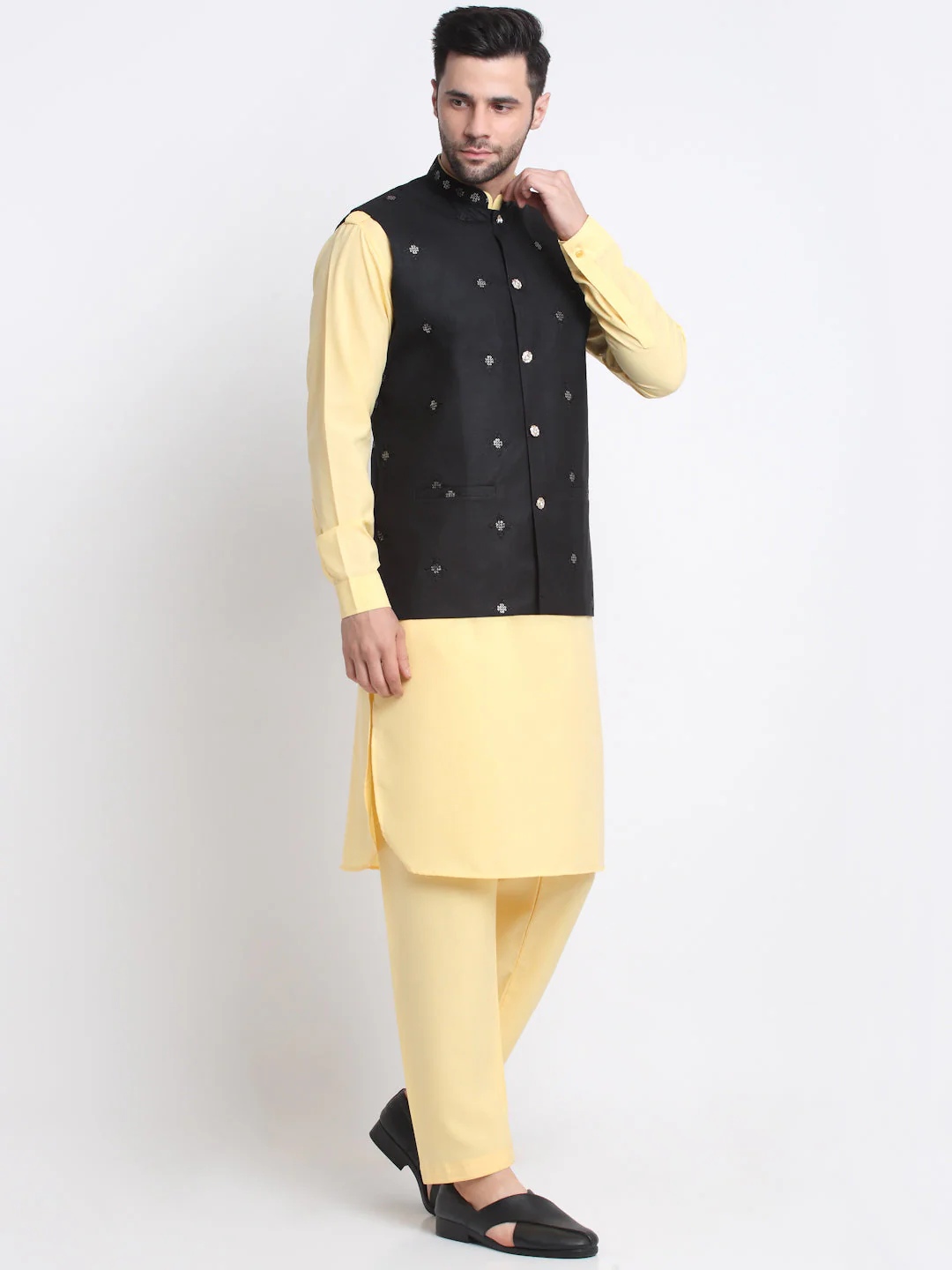 KRAFT INDIA Men Cotton Yellow Pathani Kurta & Salwar With Embroided Sequenced Nehru Jacket - Image 67