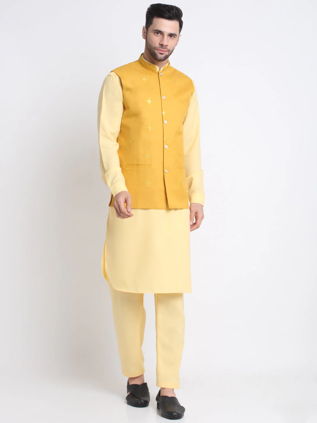 KRAFT INDIA Men Cotton Yellow Pathani Kurta & Salwar With Embroided Sequenced Nehru Jacket - Image 74