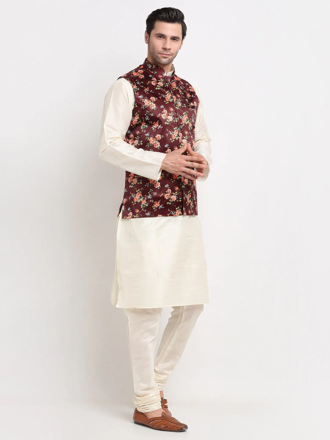 KRAFT INDIA Men Cream Kurta Churidar With Satin Floral Print Nehru Jacket - Image 157