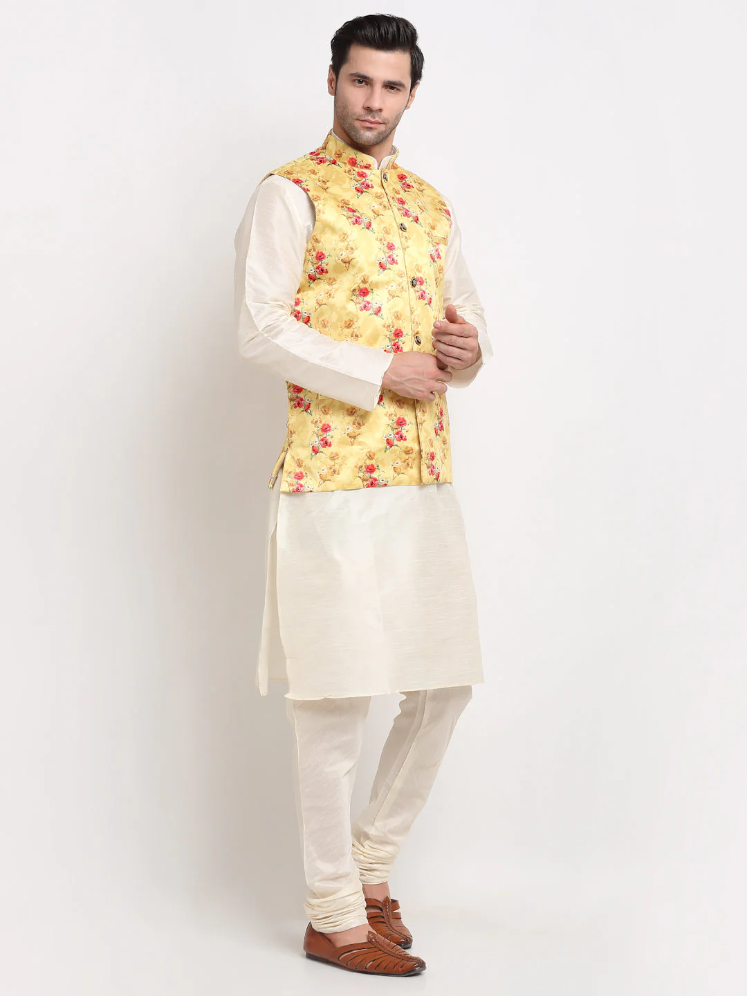 KRAFT INDIA Men Cream Kurta Churidar With Satin Floral Print Nehru Jacket - Image 17