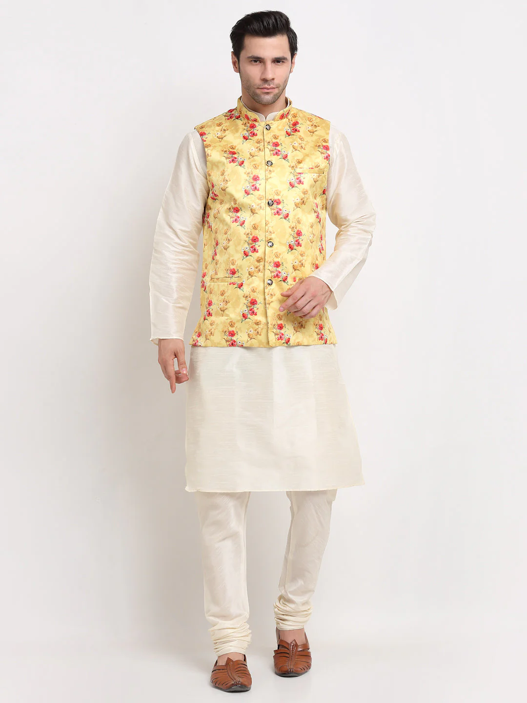 KRAFT INDIA Men Cream Kurta Churidar With Satin Floral Print Nehru Jacket - Image 220