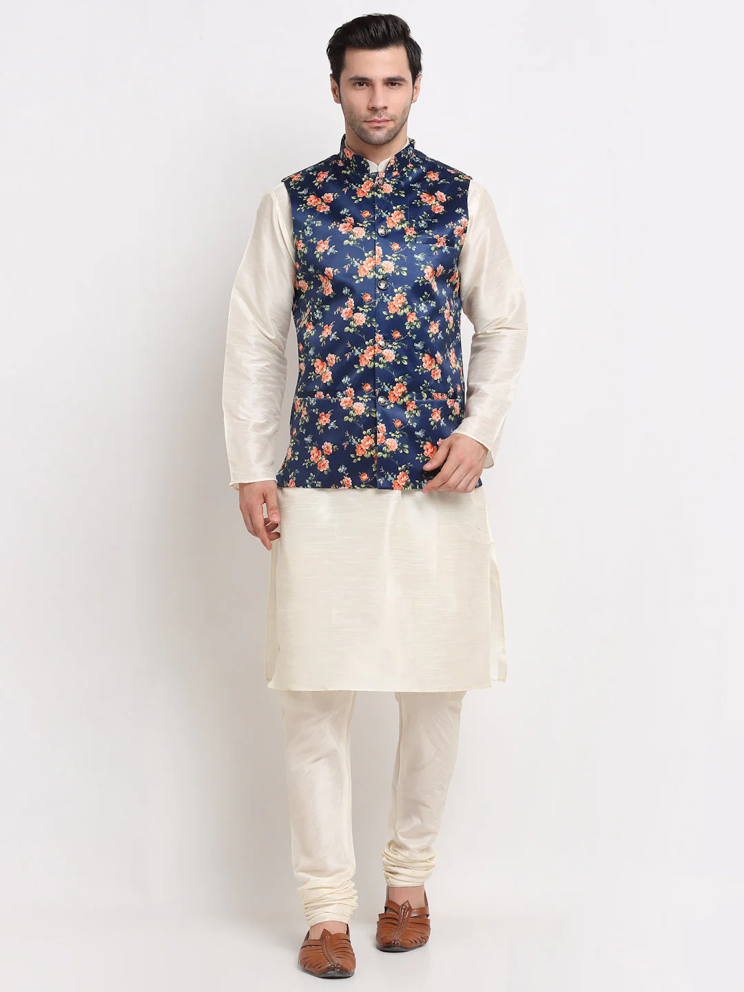 KRAFT INDIA Men Cream Kurta Churidar With Satin Floral Print Nehru Jacket - Image 246
