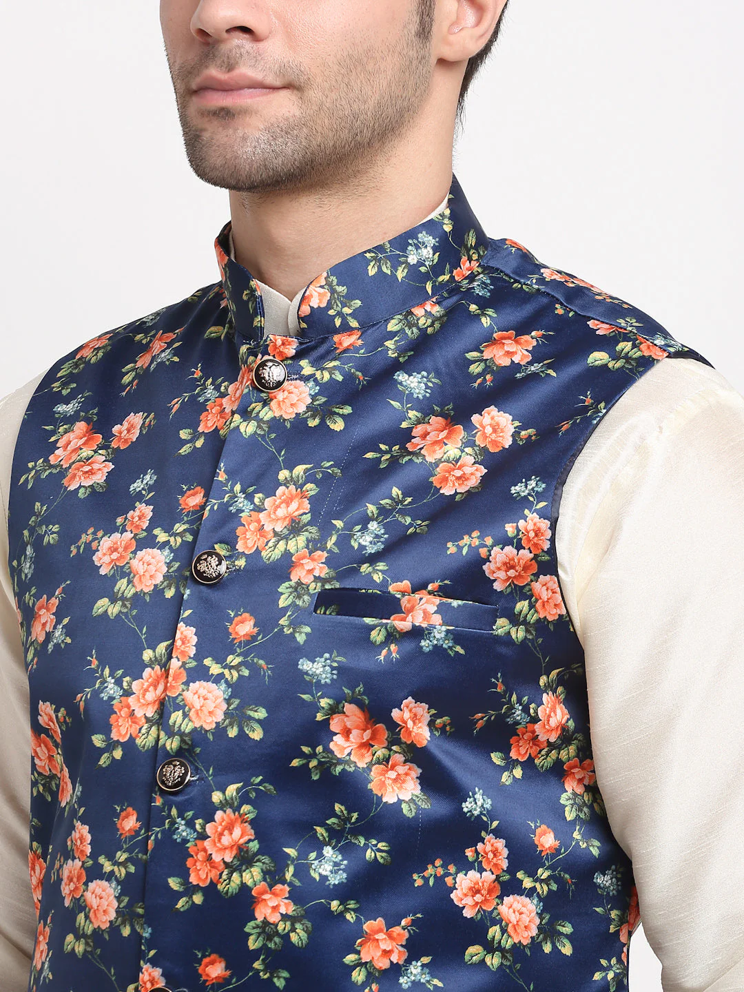 KRAFT INDIA Men Cream Kurta Churidar With Satin Floral Print Nehru Jacket - Image 4