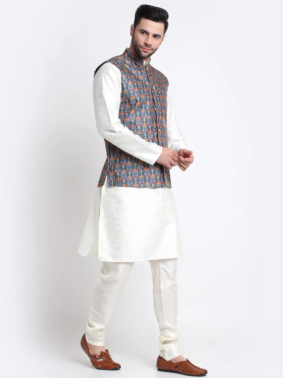 KRAFT INDIA Men Cream Silk Kurta Churidar With Blue Printed Nehru Jacket - Image 3