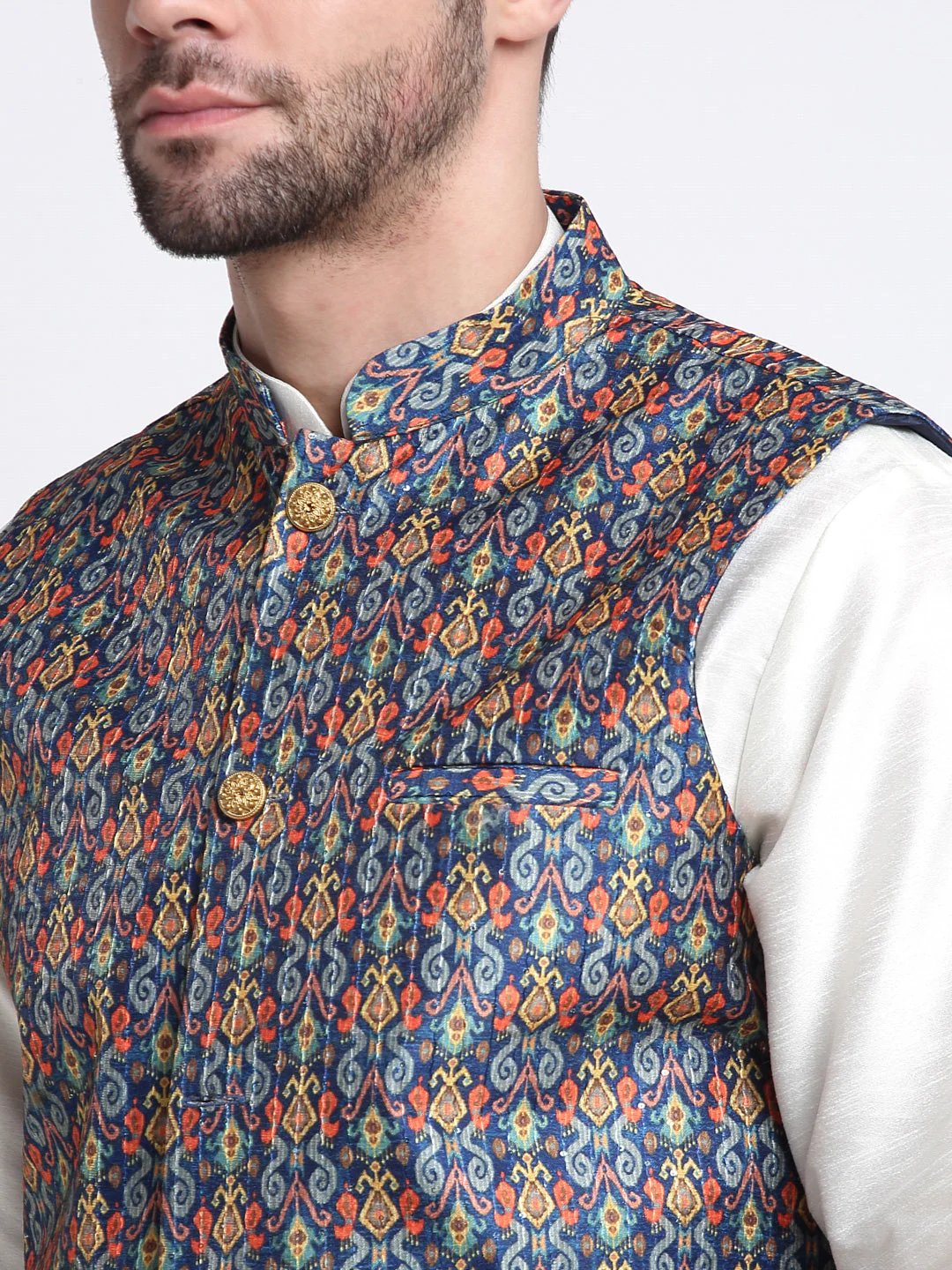 KRAFT INDIA Men Cream Silk Kurta Churidar With Blue Printed Nehru Jacket - Image 7
