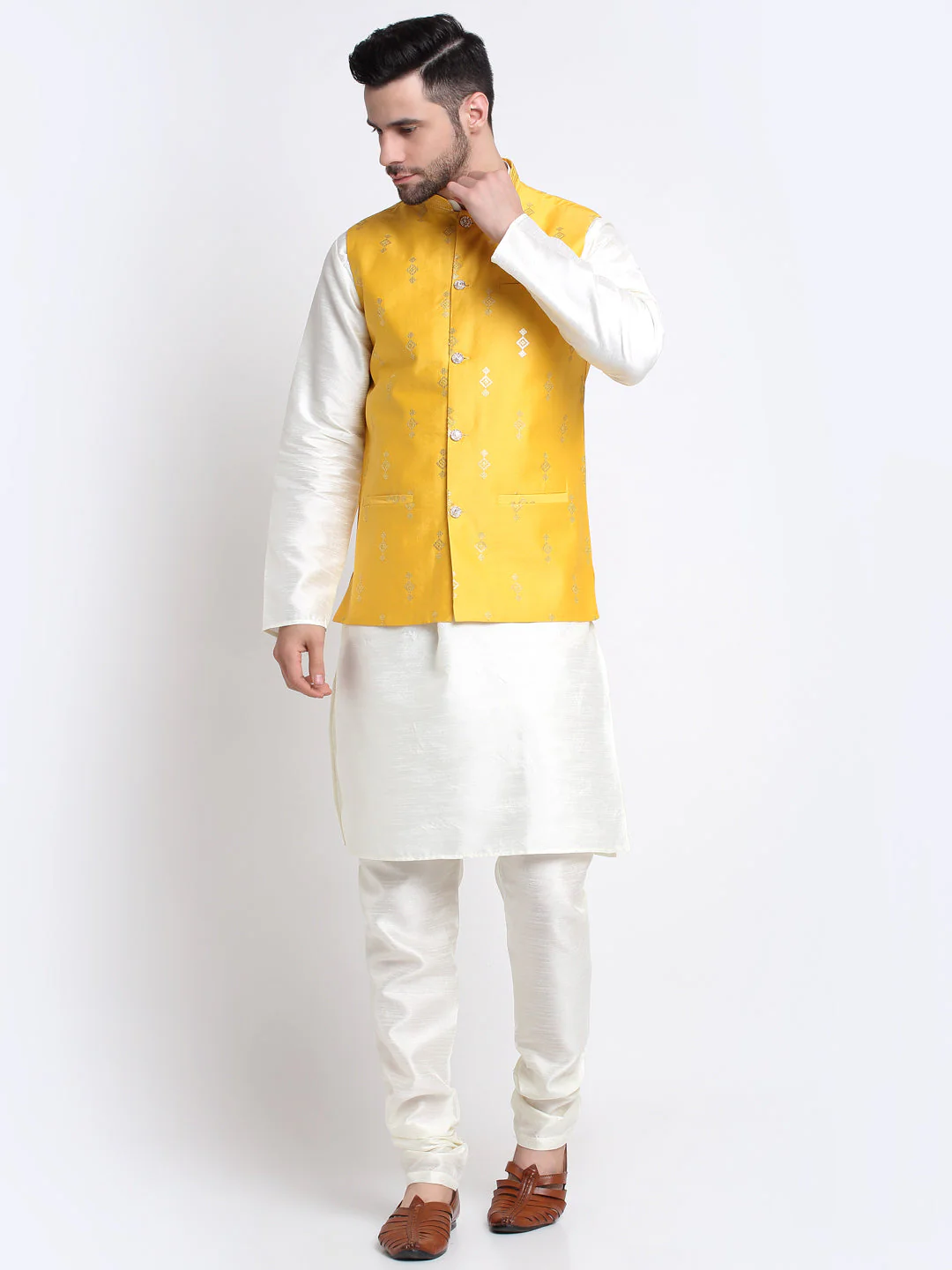 KRAFT INDIA Men Cream Silk Kurta & Churidar With Sequenced Nehru Jacket - Image 107