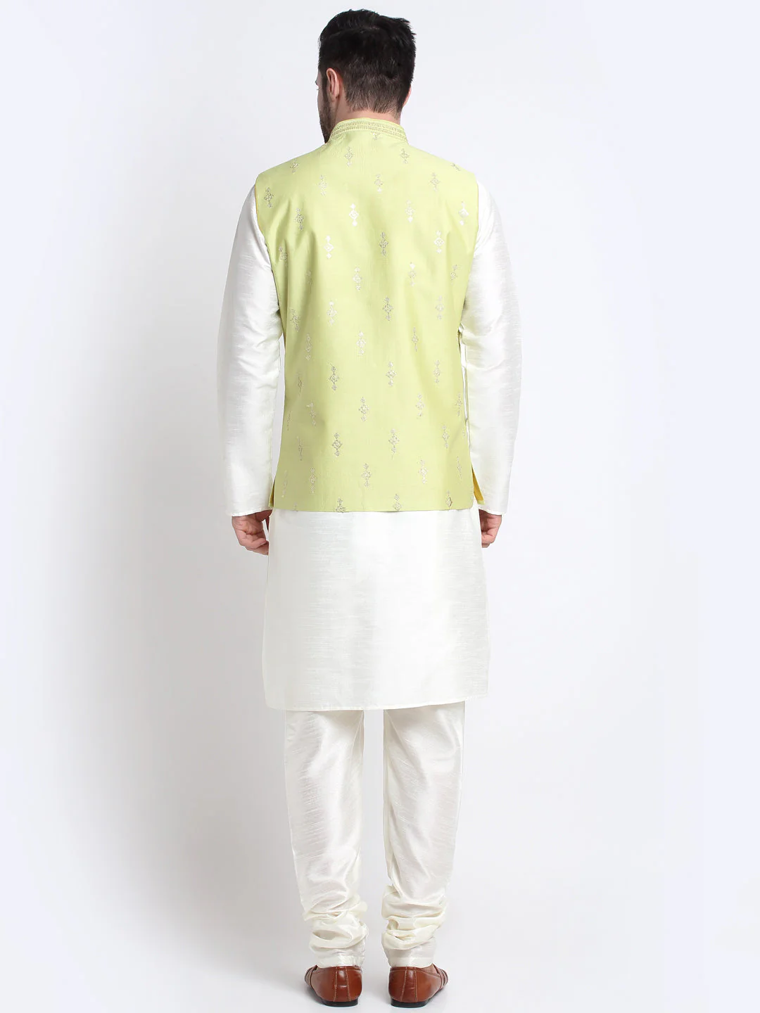 KRAFT INDIA Men Cream Silk Kurta & Churidar With Sequenced Nehru Jacket - Image 2