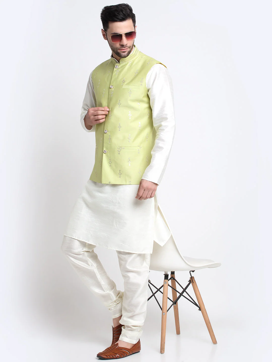 KRAFT INDIA Men Cream Silk Kurta & Churidar With Sequenced Nehru Jacket - Image 5