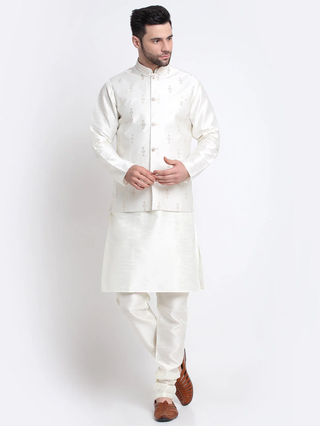 KRAFT INDIA Men Cream Silk Kurta & Churidar With Sequenced Nehru Jacket - Image 96