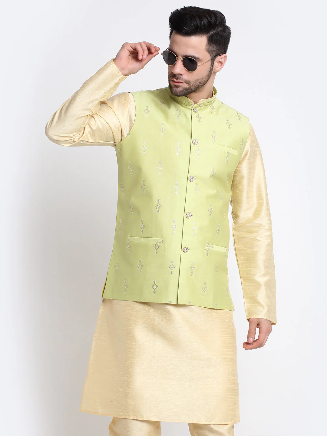 KRAFT INDIA Men Fawn Silk Kurta & Churidar With Sequenced Nehru Jacket - Image 15