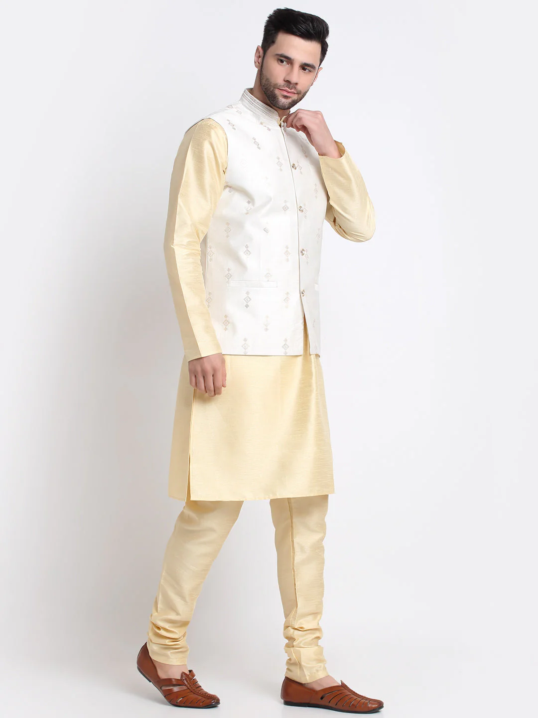 KRAFT INDIA Men Fawn Silk Kurta & Churidar With Sequenced Nehru Jacket - Image 3