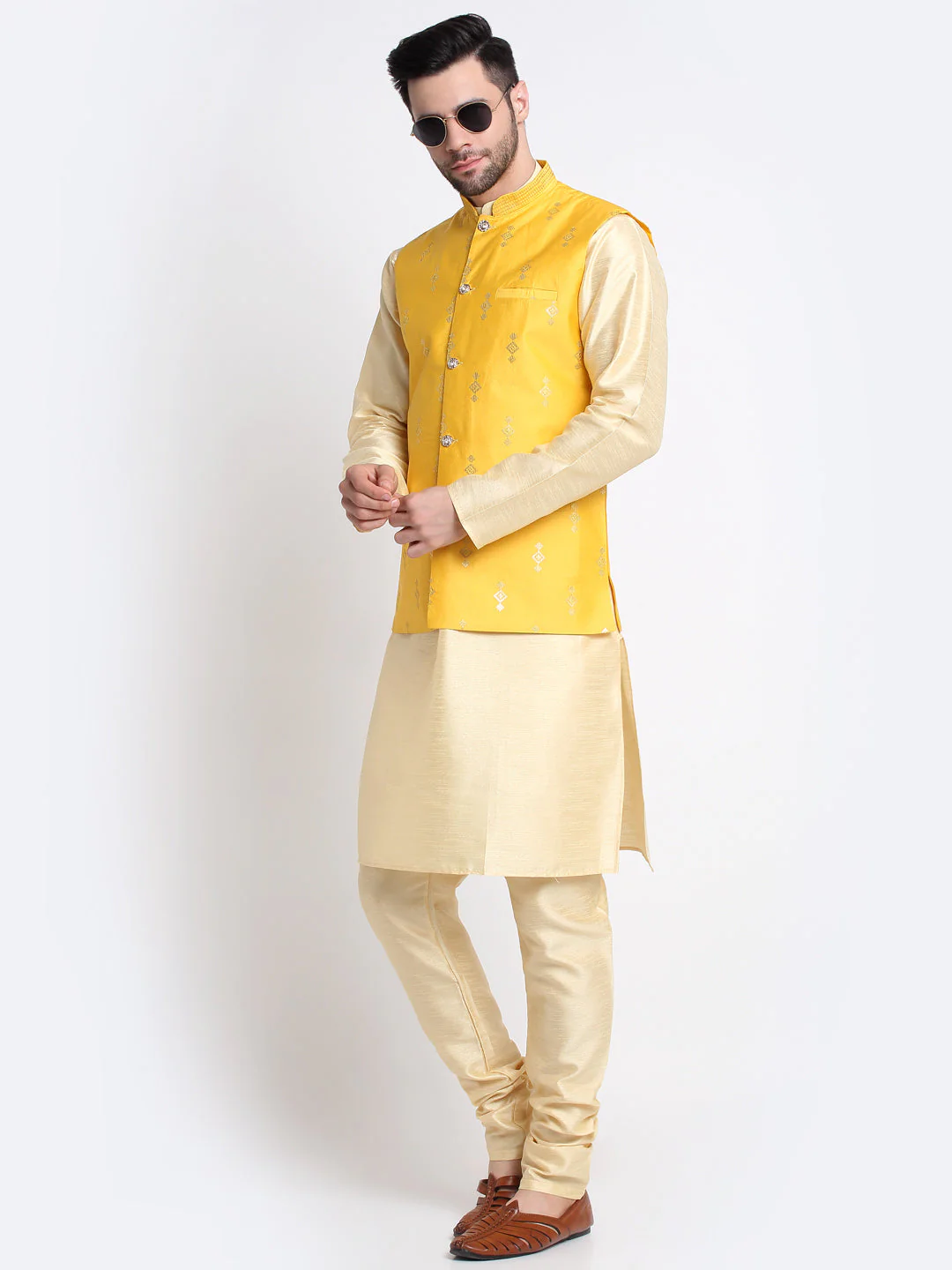 KRAFT INDIA Men Fawn Silk Kurta & Churidar With Sequenced Nehru Jacket - Image 30