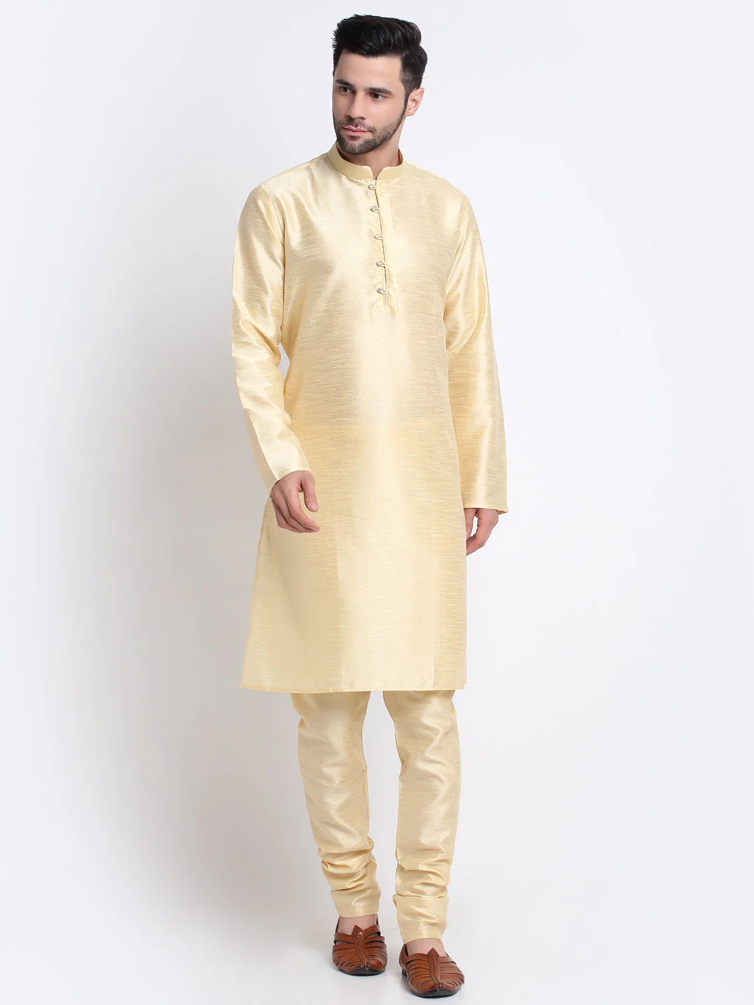 KRAFT INDIA Men Fawn Silk Kurta & Churidar With Sequenced Nehru Jacket - Image 34