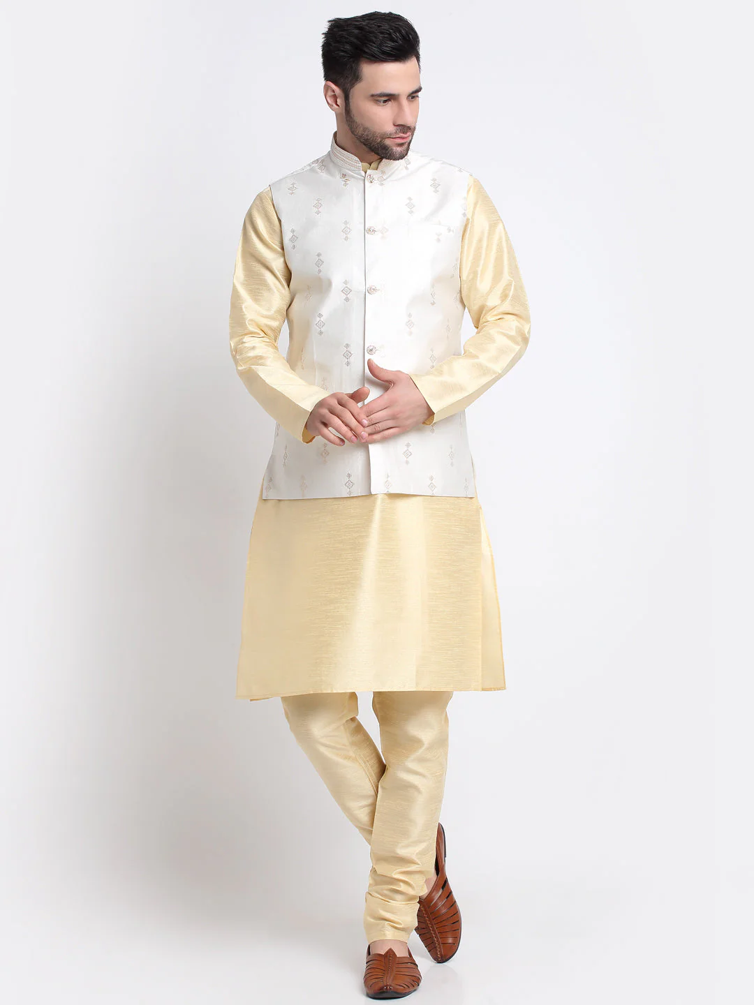 KRAFT INDIA Men Fawn Silk Kurta & Churidar With Sequenced Nehru Jacket - Image 51