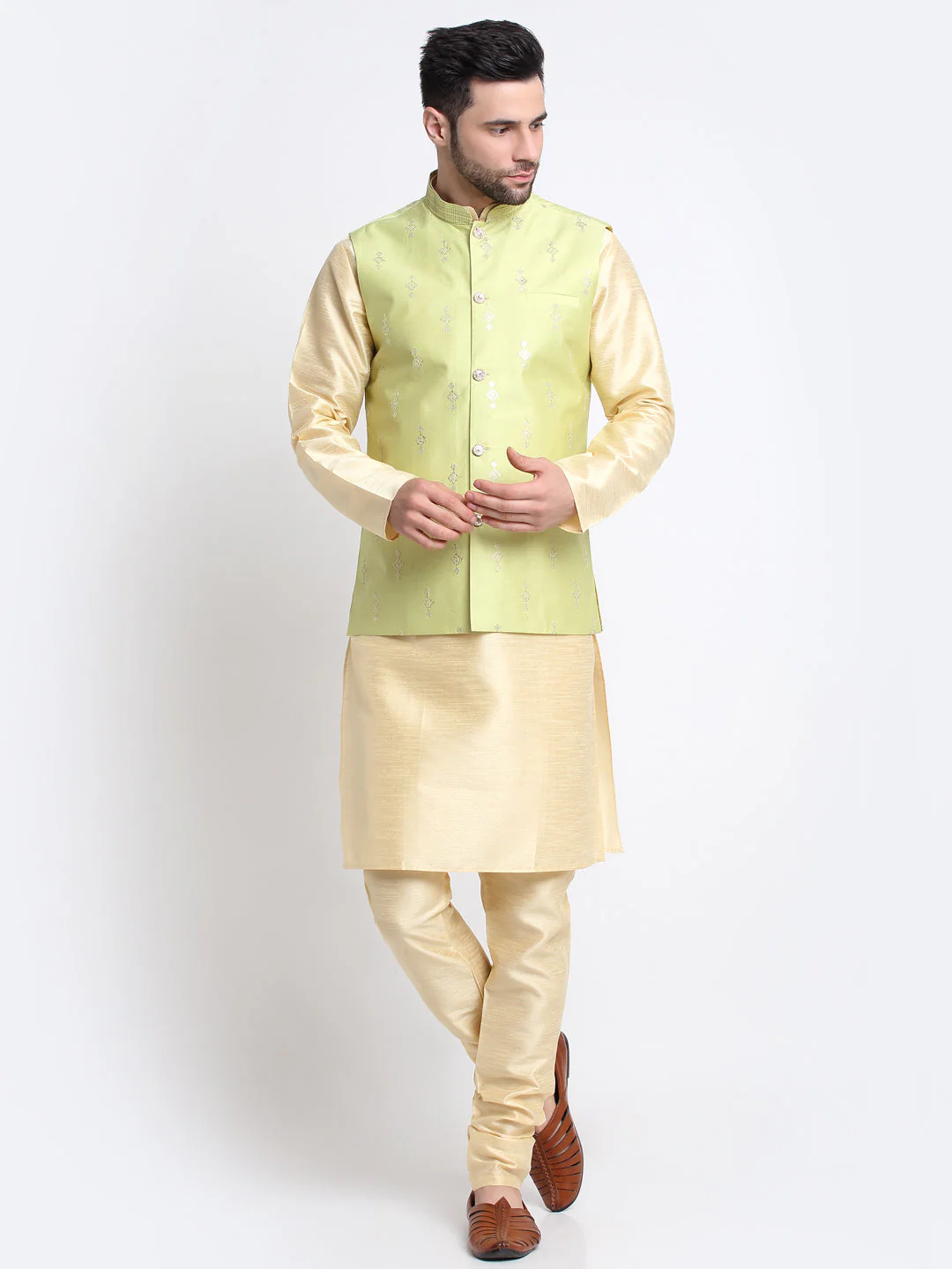 KRAFT INDIA Men Fawn Silk Kurta & Churidar With Sequenced Nehru Jacket - Image 61