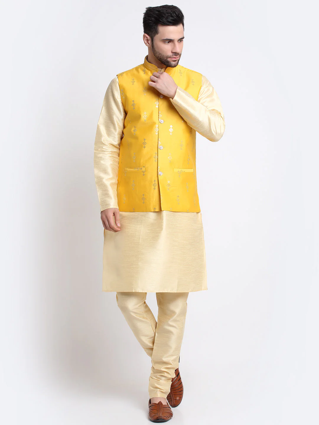 KRAFT INDIA Men Fawn Silk Kurta & Churidar With Sequenced Nehru Jacket - Image 65