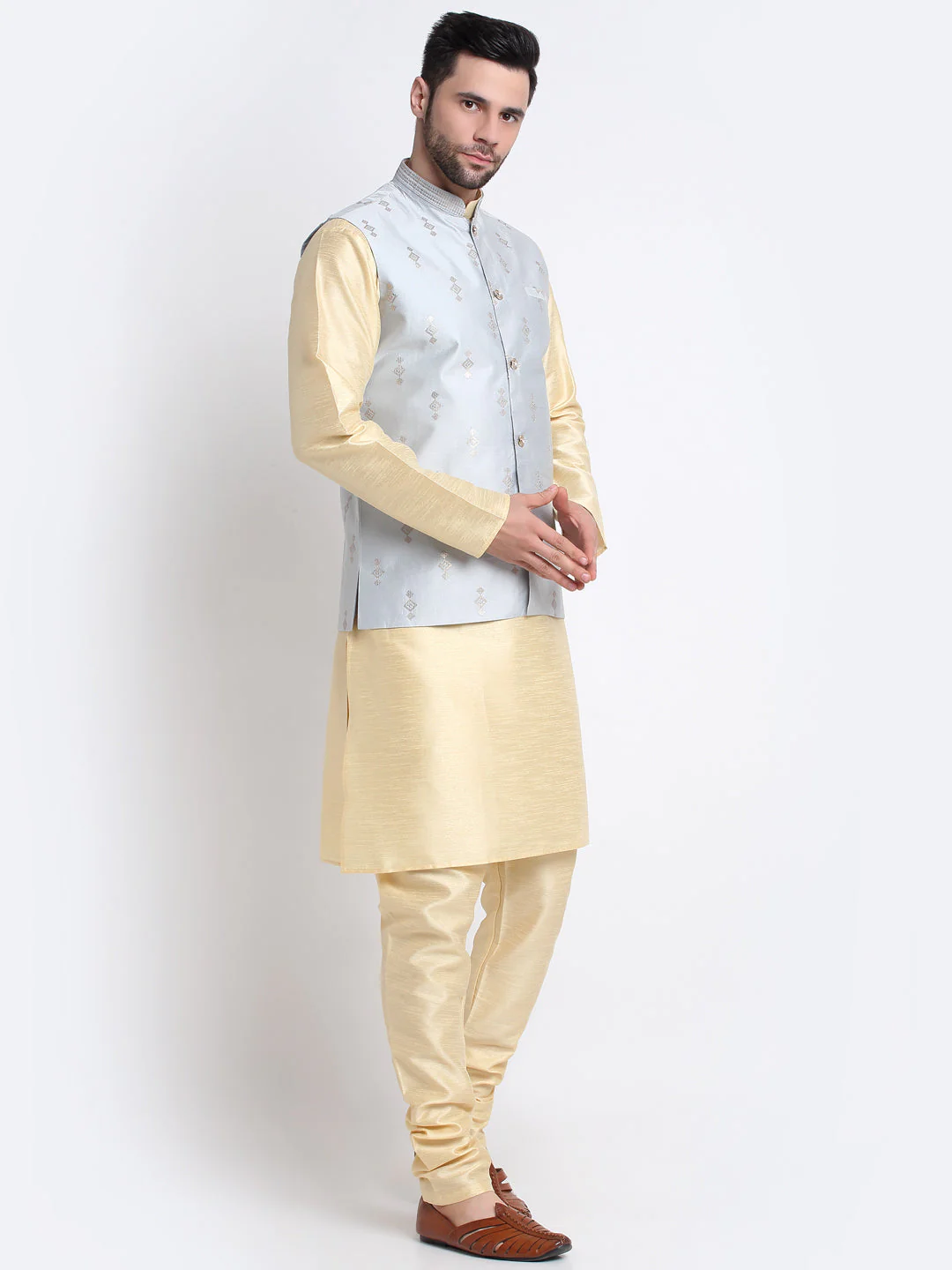 KRAFT INDIA Men Fawn Silk Kurta & Churidar With Sequenced Nehru Jacket - Image 75