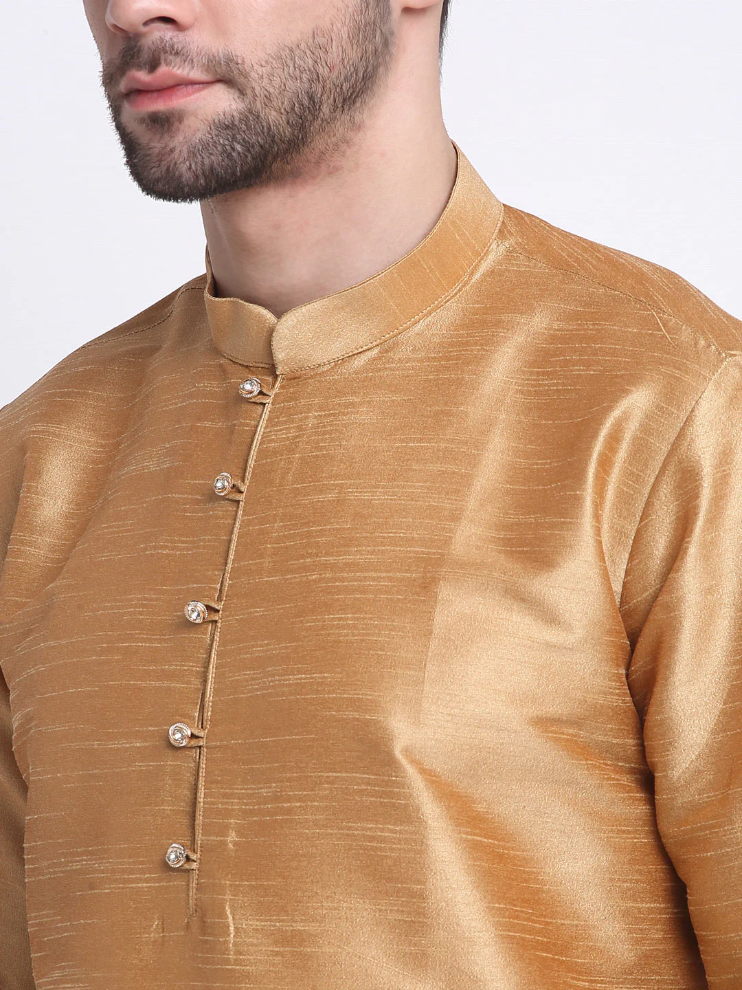 KRAFT INDIA Men Gold Silk Kurta Churidar With Blue Printed Nehru Jacket - Image 9