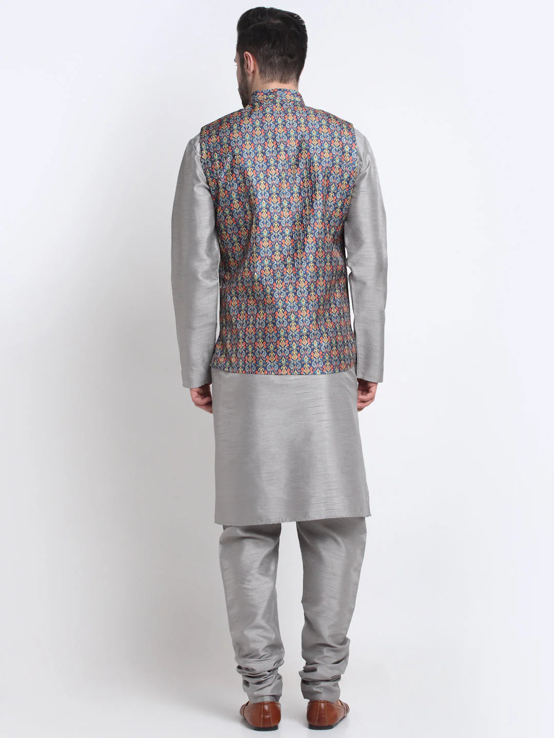 KRAFT INDIA Men Grey Silk Kurta Churidar With Blue Printed Nehru Jacket - Image 5
