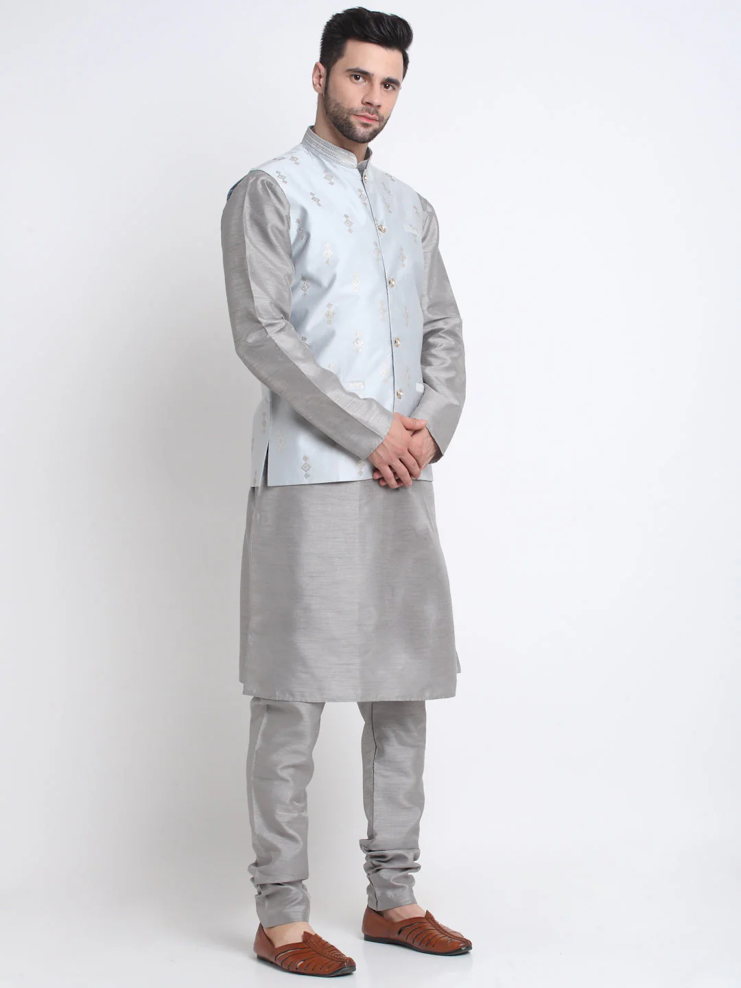 KRAFT INDIA Men Grey Silk Kurta & Churidar With Sequenced Nehru Jacket