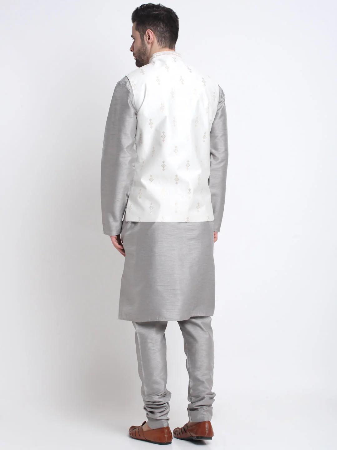 KRAFT INDIA Men Grey Silk Kurta & Churidar With Sequenced Nehru Jacket - Image 11