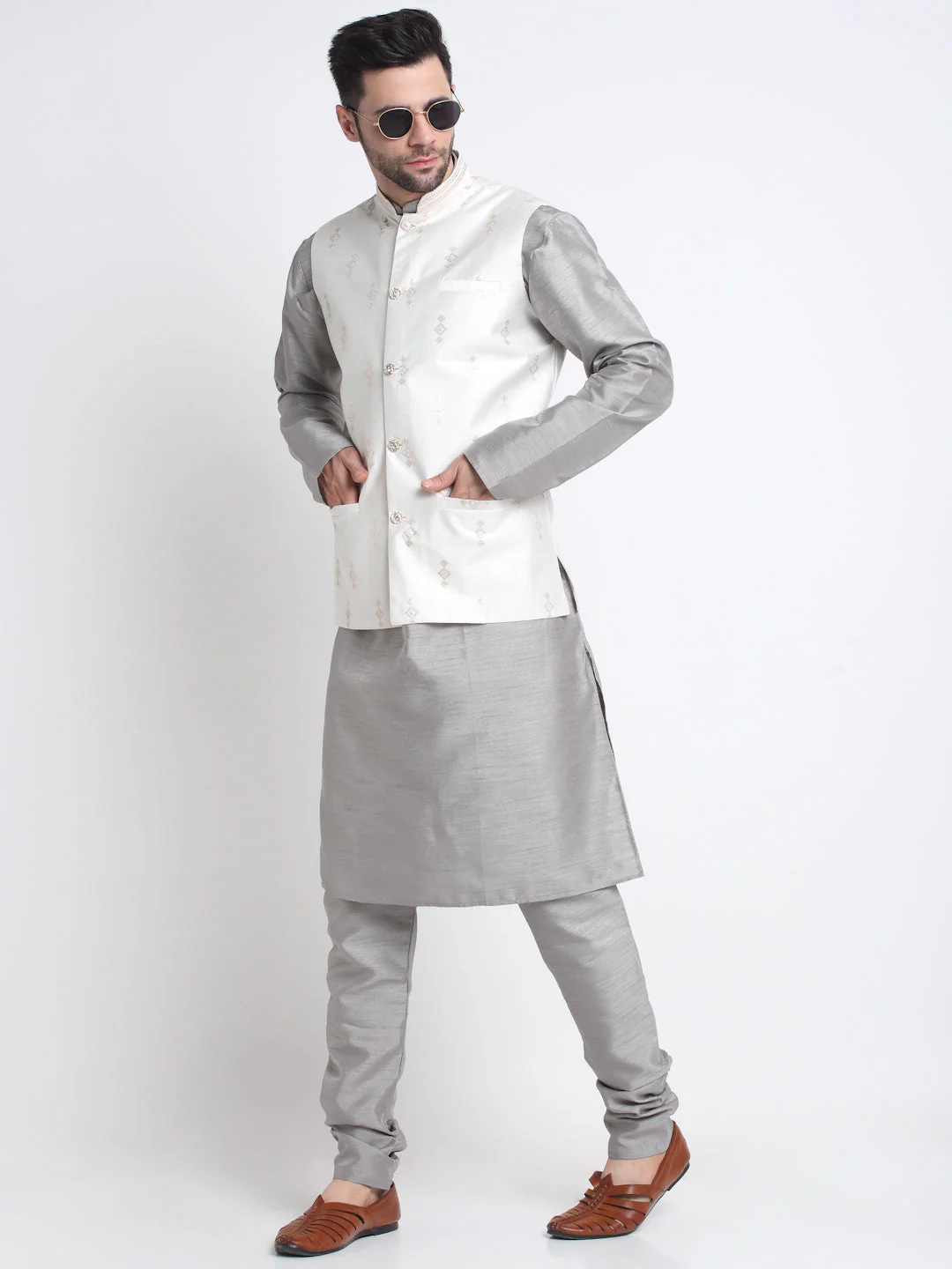 KRAFT INDIA Men Grey Silk Kurta & Churidar With Sequenced Nehru Jacket - Image 14