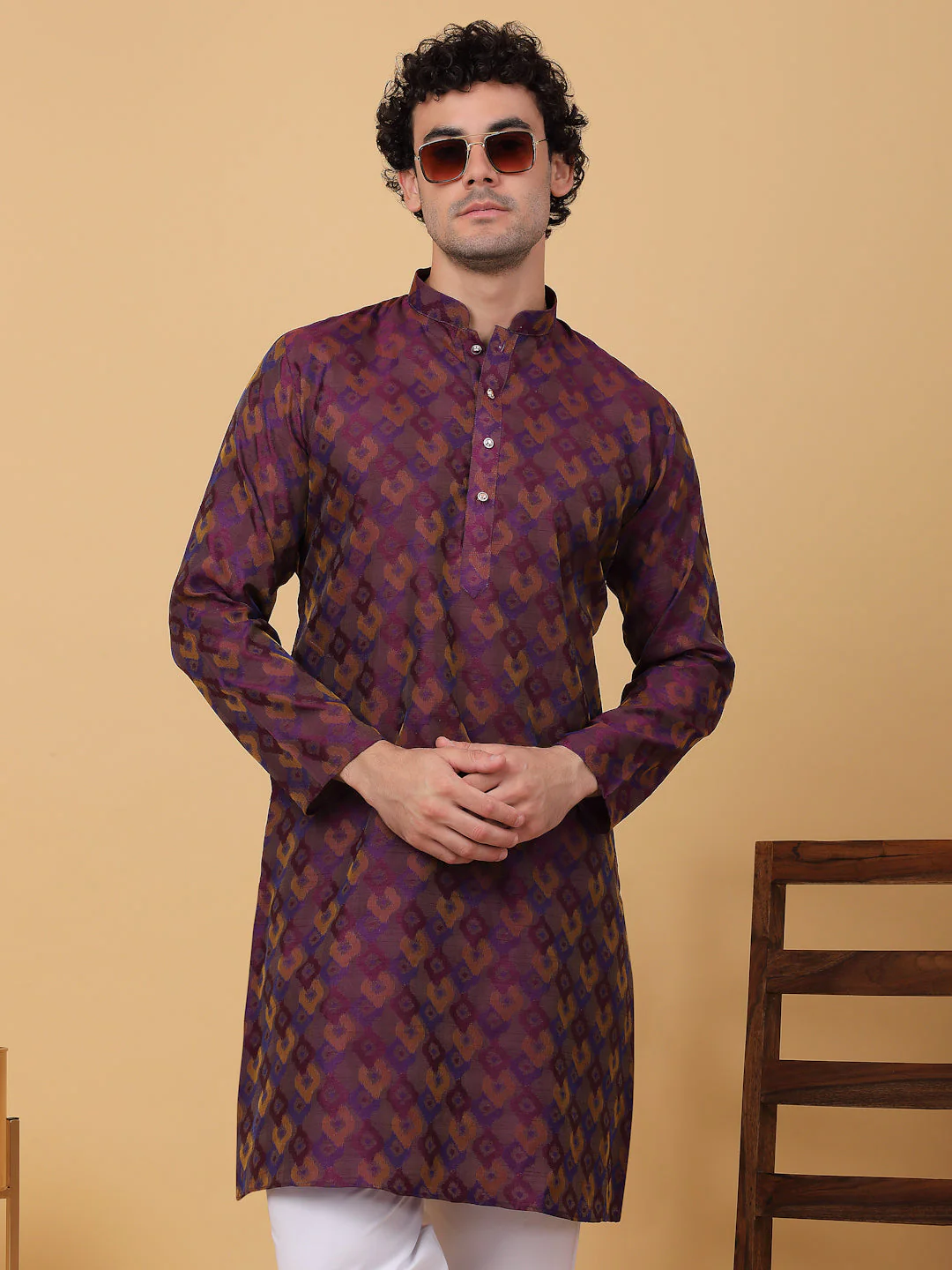 KRAFT INDIA Men Jacquard Knee Length Kurta With White Elastic Waistband Pyjama Set - Image 12