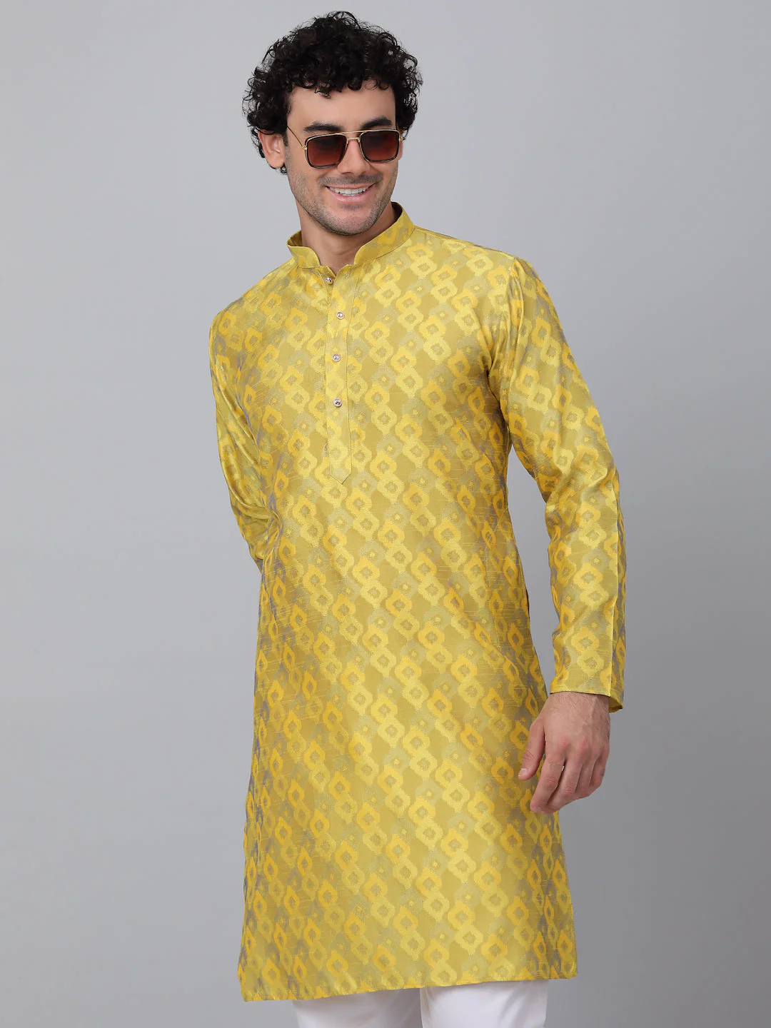 KRAFT INDIA Men Jacquard Knee Length Kurta With White Elastic Waistband Pyjama Set - Image 17