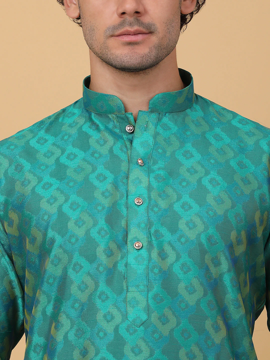 KRAFT INDIA Men Jacquard Knee Length Kurta With White Elastic Waistband Pyjama Set - Image 3