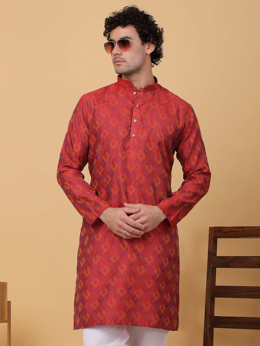 KRAFT INDIA Men Jacquard Knee Length Kurta With White Elastic Waistband Pyjama Set - Image 8