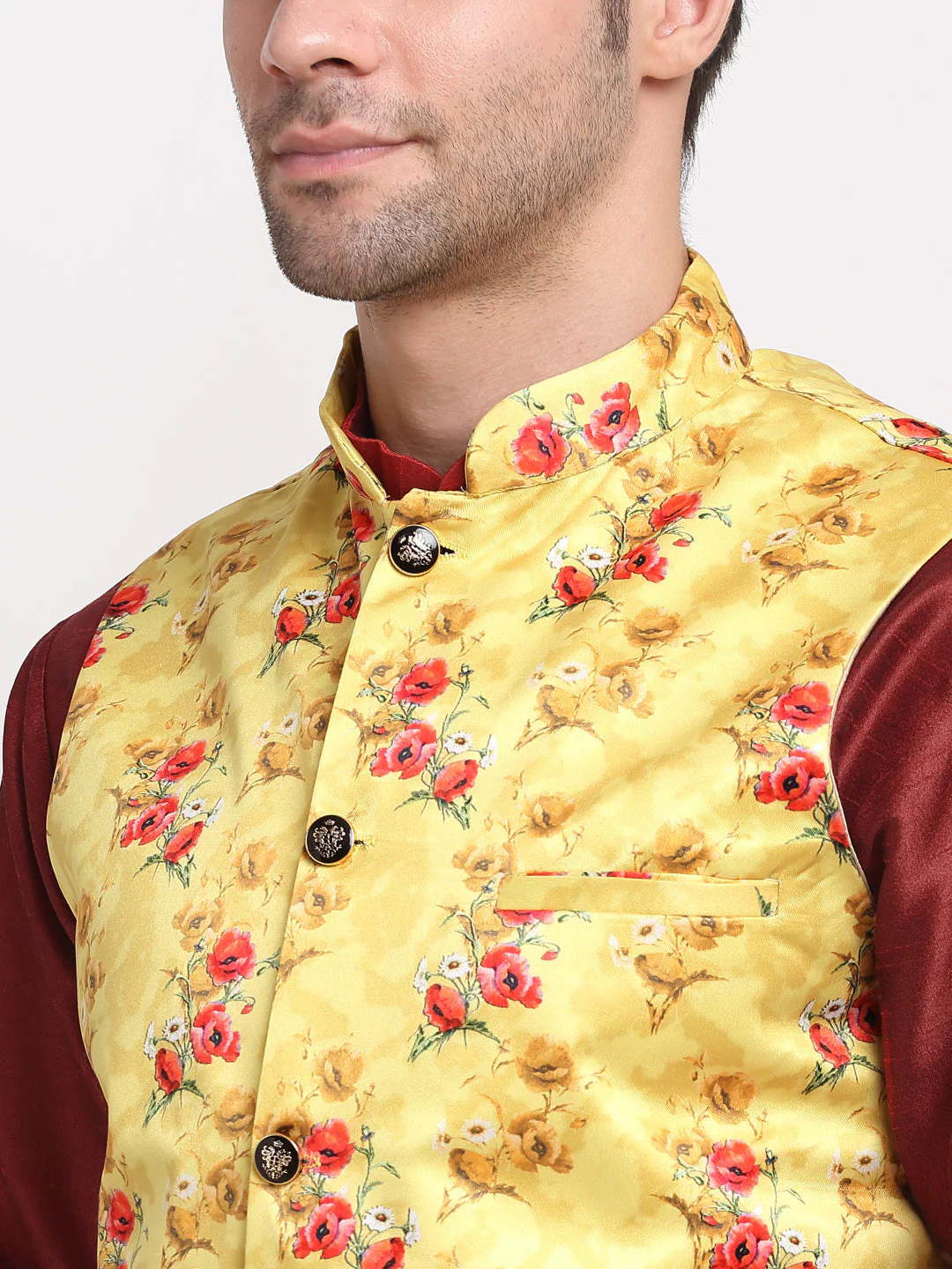KRAFT INDIA Men Maroon Kurta Churidar With Satin Floral Print Nehru Jacket - Image 11