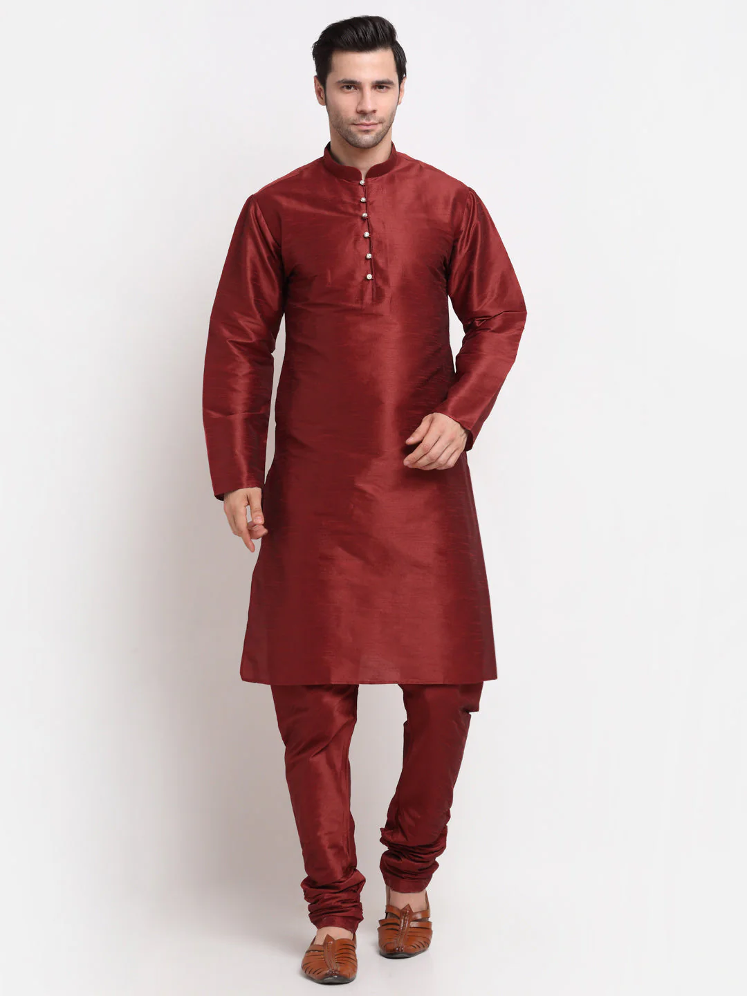 KRAFT INDIA Men Maroon Kurta Churidar With Satin Floral Print Nehru Jacket - Image 12