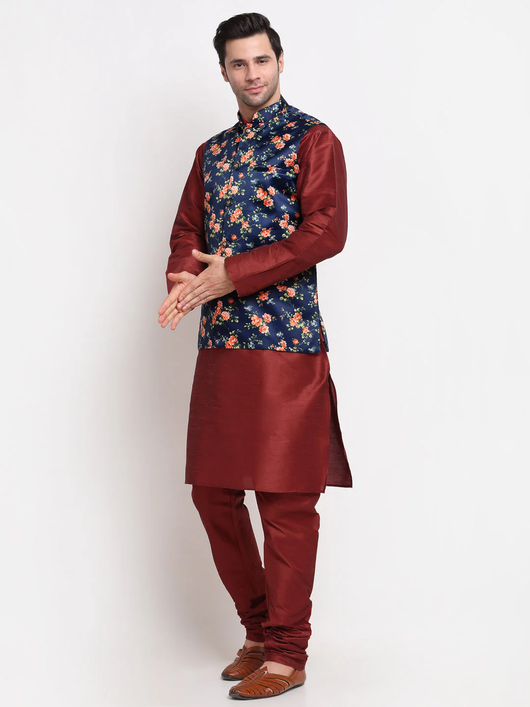 KRAFT INDIA Men Maroon Kurta Churidar With Satin Floral Print Nehru Jacket - Image 3